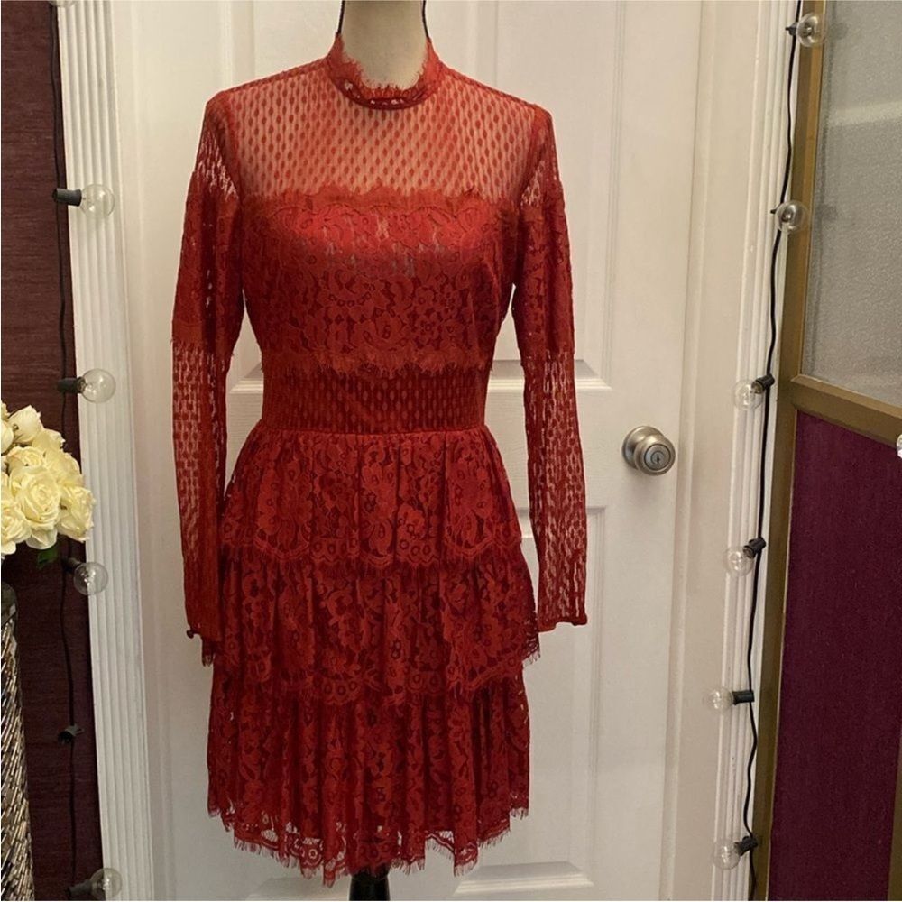 Temperley London Red Lace Long Sleeve Dress. US8